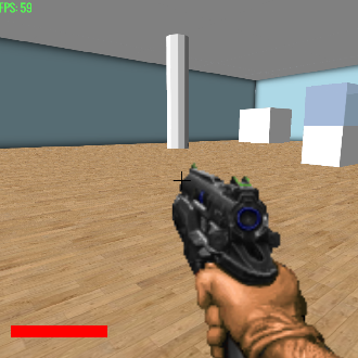 A player with a gun in a room