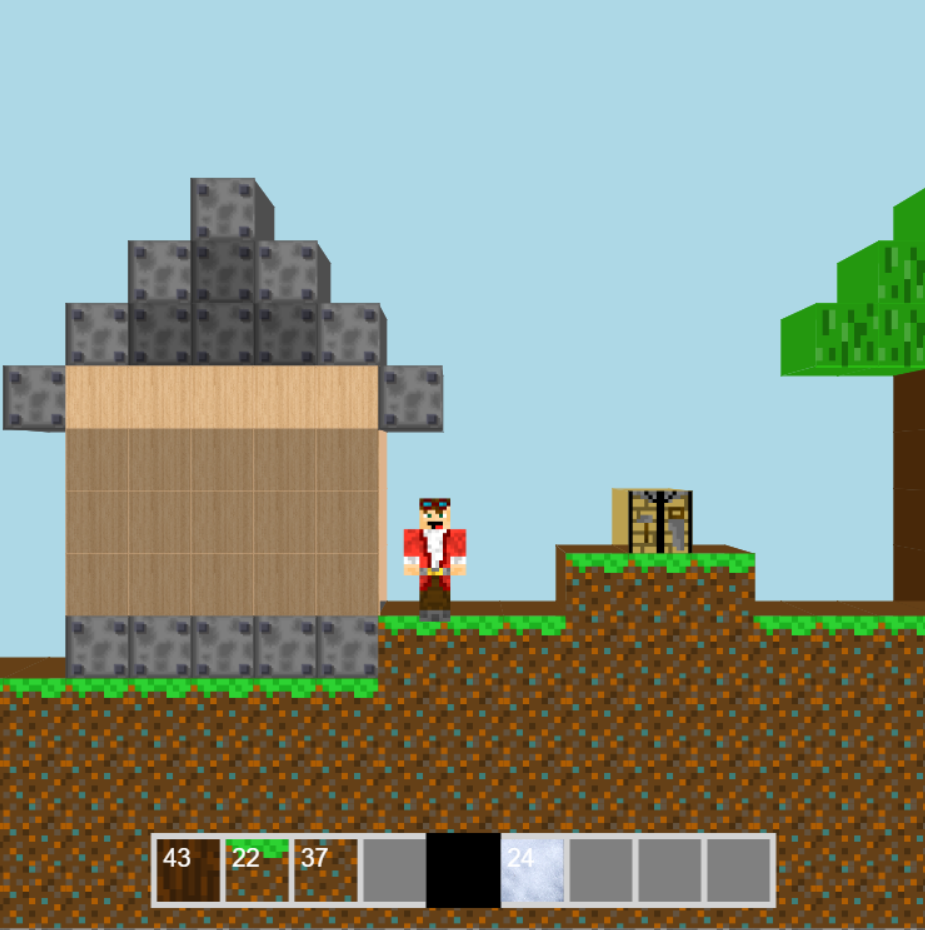 A 2.5D block game with a house, a tree and a player character